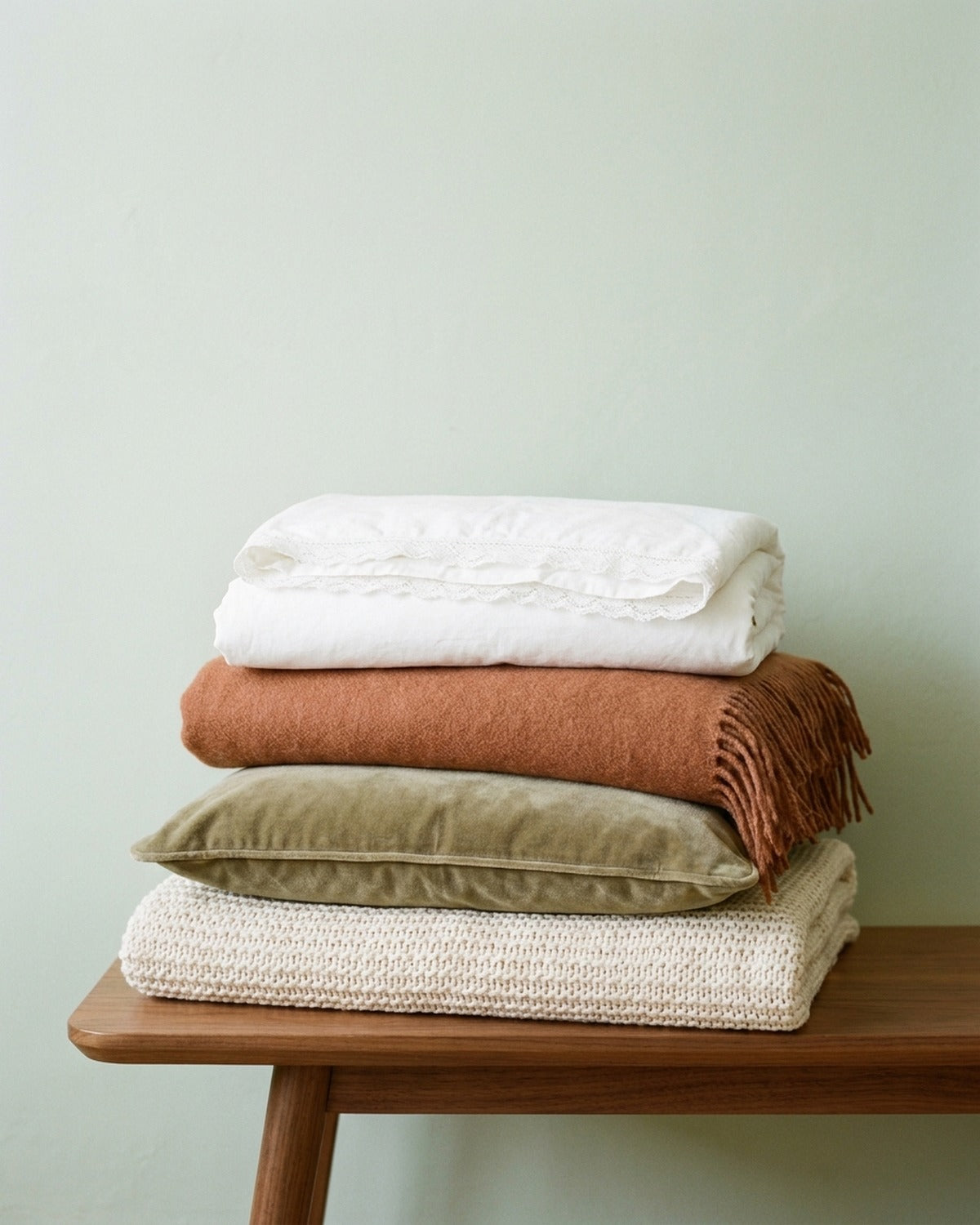 A stack of folded knit throws and a velvet cushion on a wooden bench against a pale sage wall
