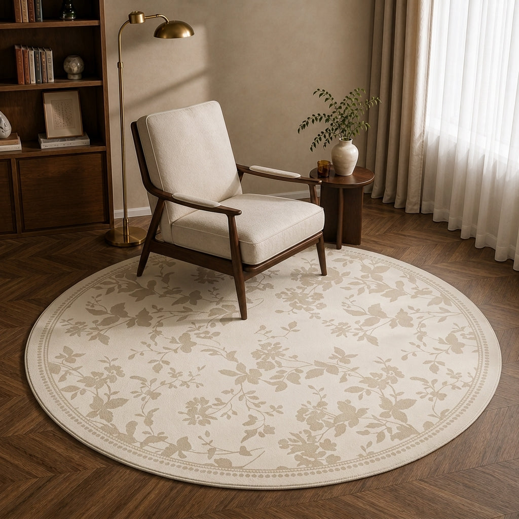 Round botanical print washable rug in Chun Jin pattern styled in a living room