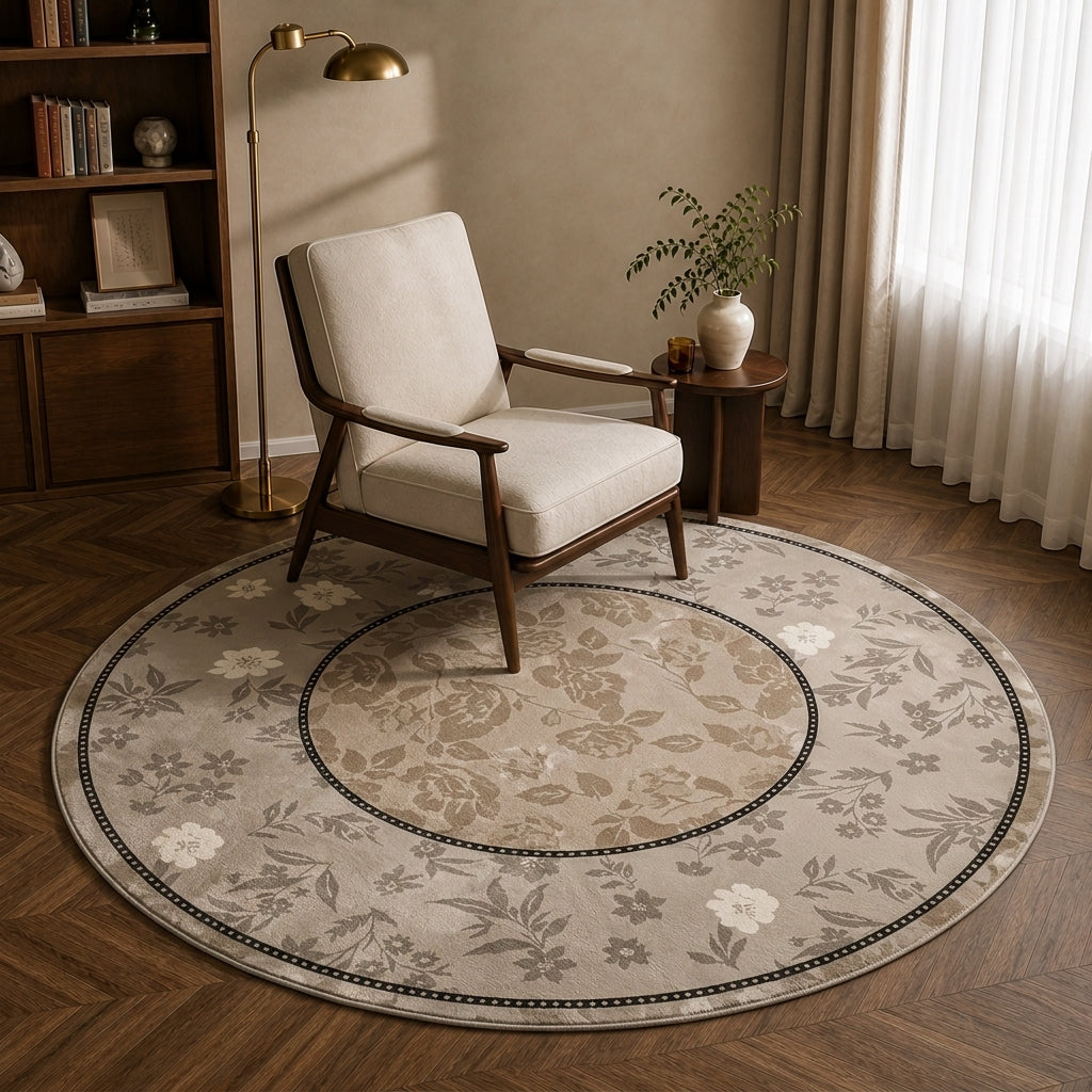 Round botanical print washable rug in Half a County pattern styled in a living room