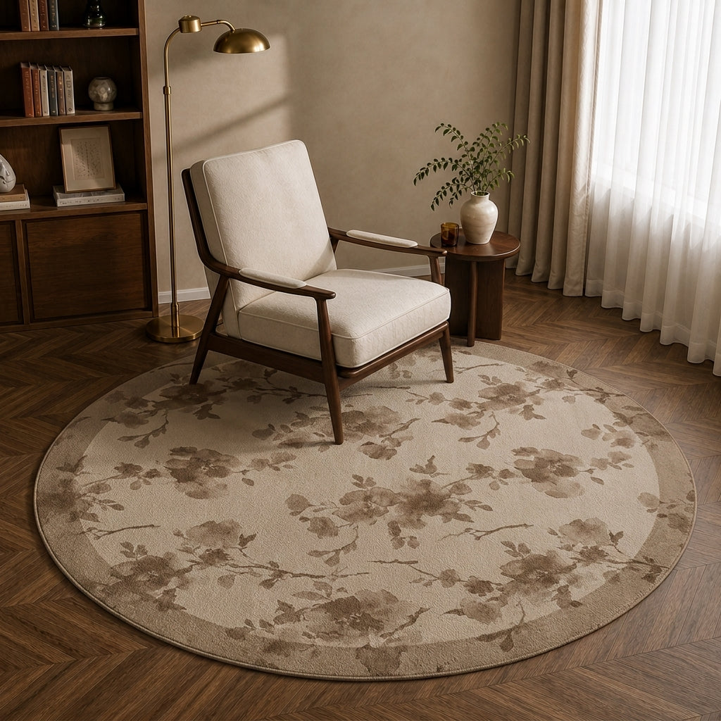 Round botanical print washable rug in Seven Mile Fragrance pattern styled in a living room