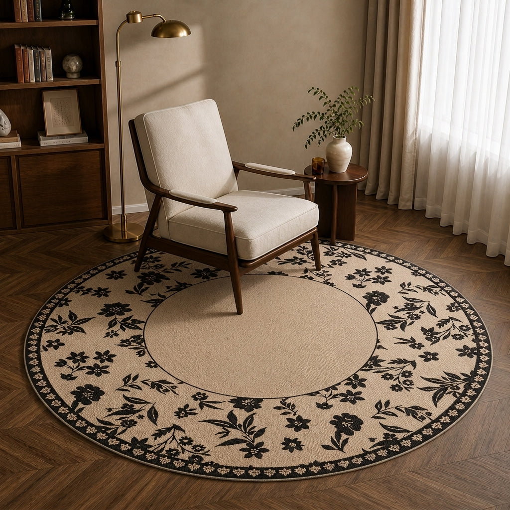 Round botanical print washable rug in Tea Vine pattern styled in a living room