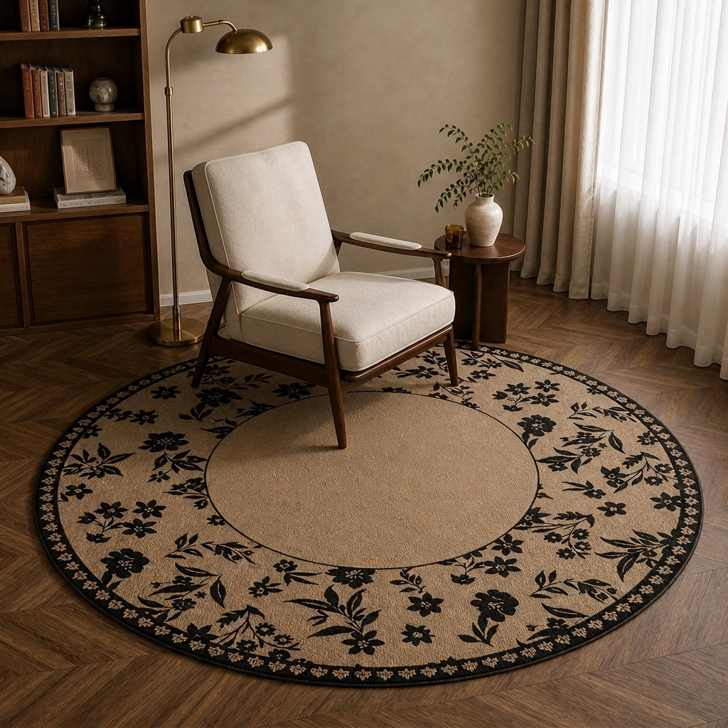Round botanical print washable rug in Zanghua Forest pattern styled in a living room