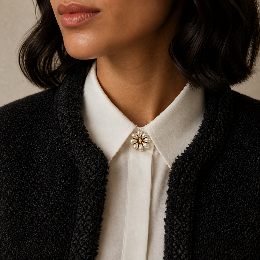 The Floret pearl button cover worn at the collar of a blouse under a black cardigan