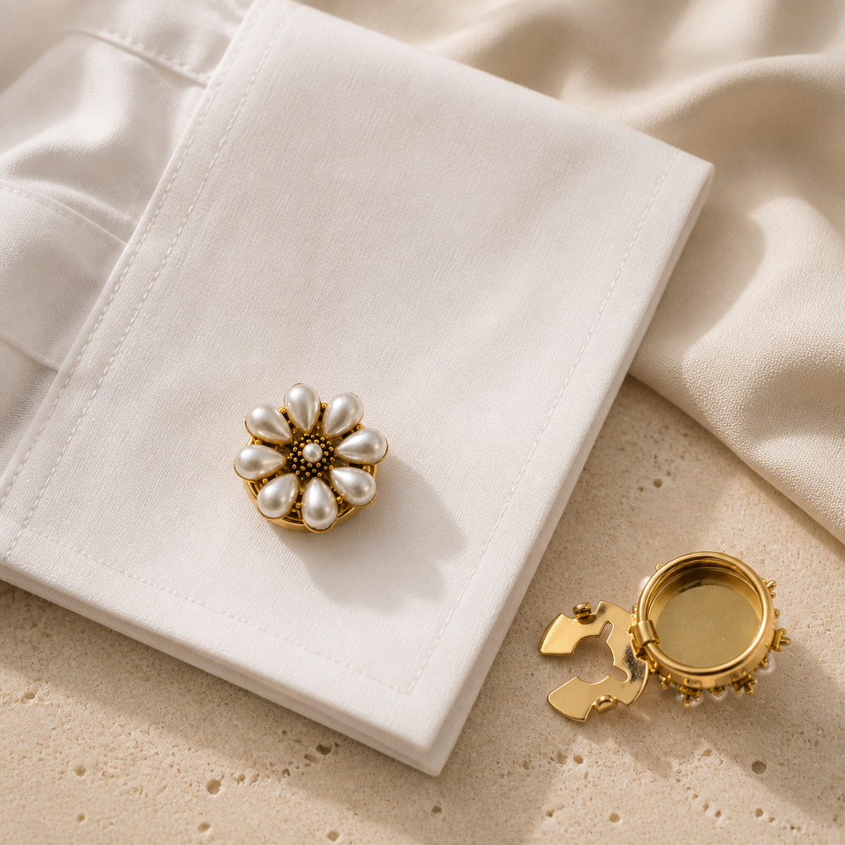 The Floret pearl button cover on a shirt cuff, with the hinged snap-on back shown open beside it
