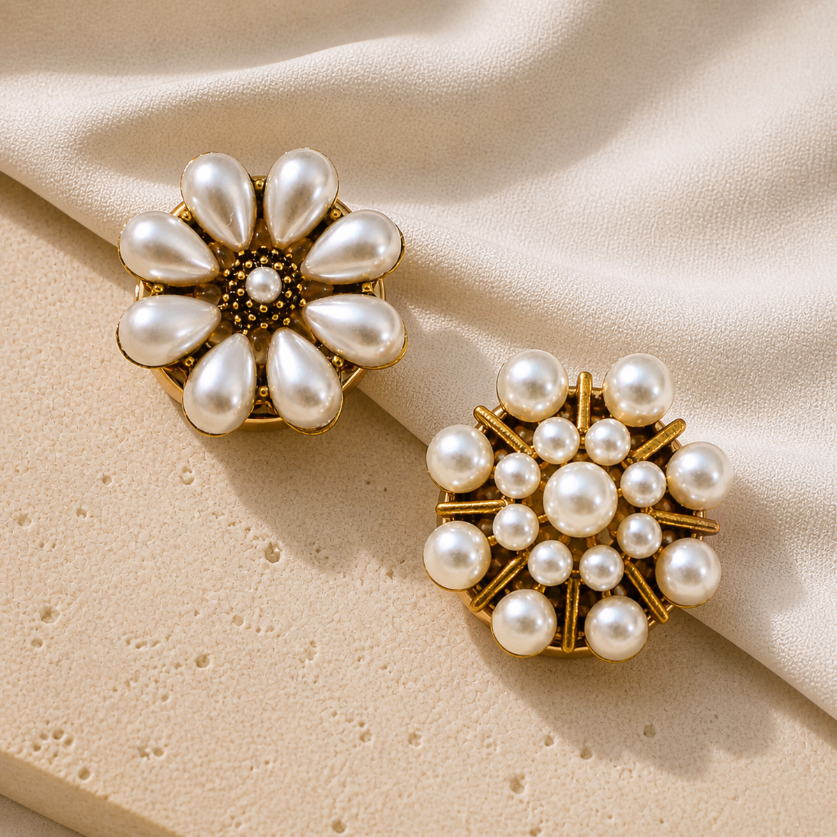 Two gold-tone pearl snap-on button covers, the Floret and Solaris designs, side by side