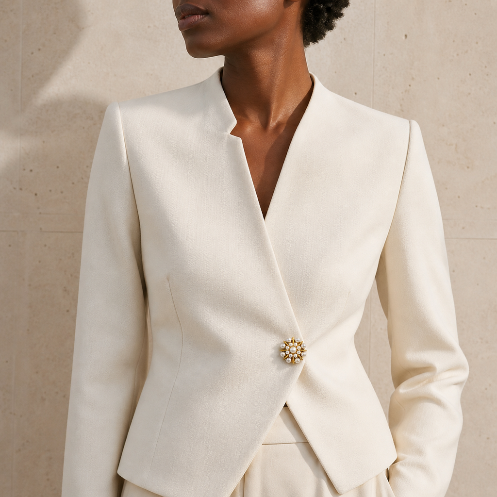 The Solaris pearl button cover worn as a jacket button on a cream blazer