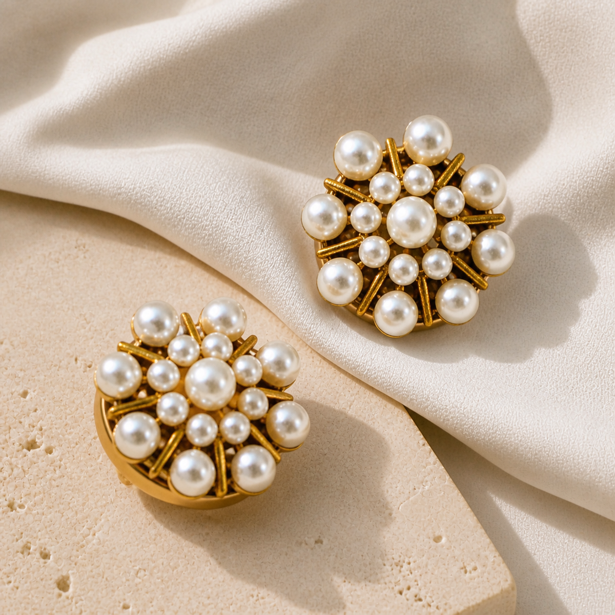 Two Solaris pearl-cluster button covers in gold-tone settings, close-up detail