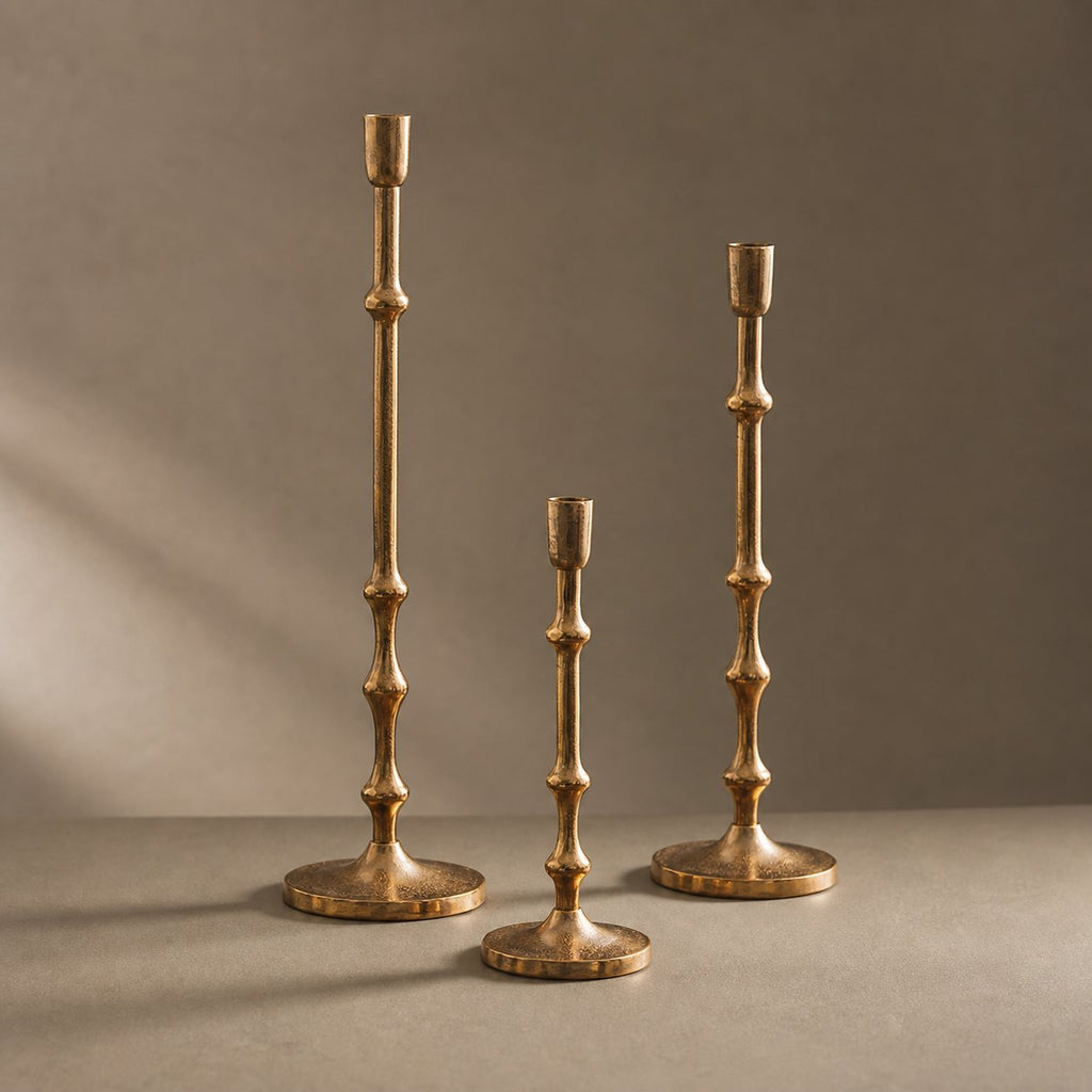 Hammered Brass-Tone Candlestick, all three sizes together, studio shot