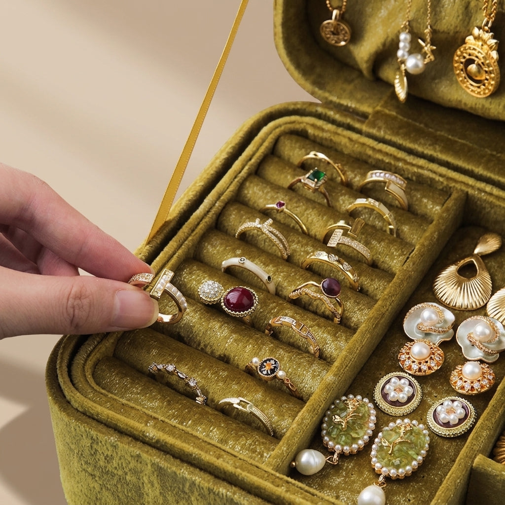 Velvet Travel Jewelry Case, Antique Olive, ring compartment detail