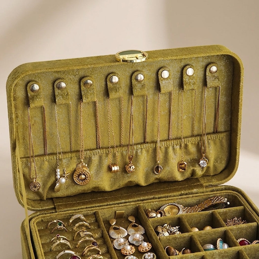 Velvet Travel Jewelry Case, Antique Olive, necklace compartment detail