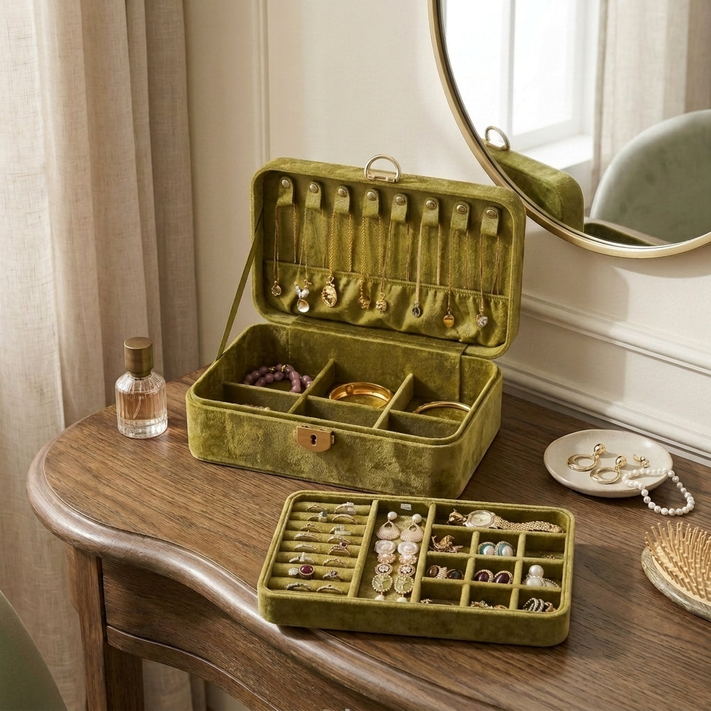 Velvet Travel Jewelry Case, Antique Olive, on a vanity table