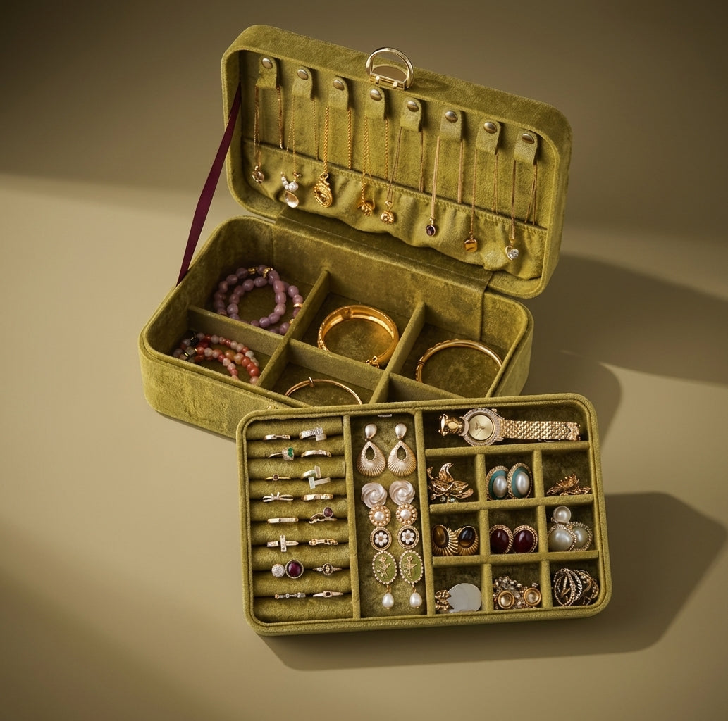 Velvet Travel Jewelry Case, Antique Olive, open with jewelry