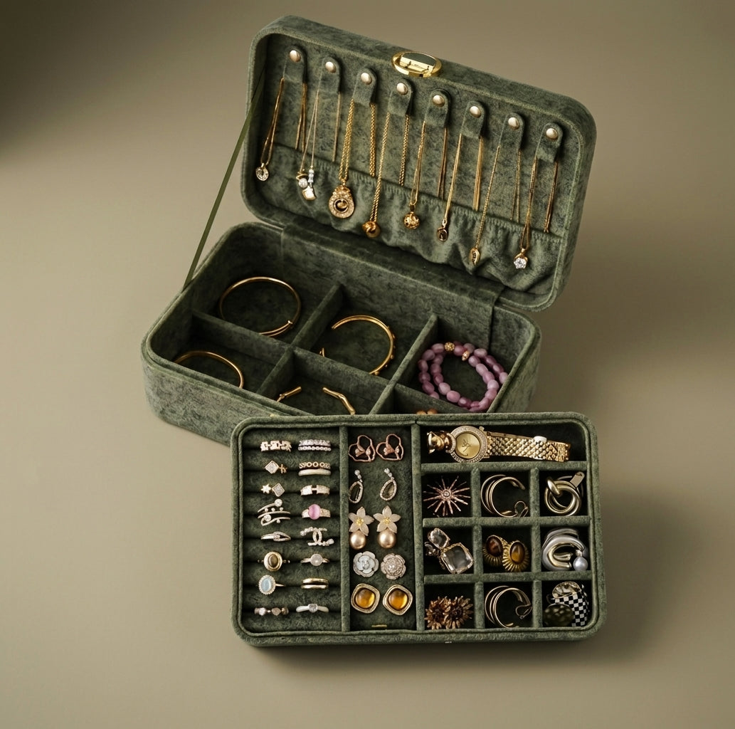 Velvet Travel Jewelry Case, Deep Seaweed, open with jewelry