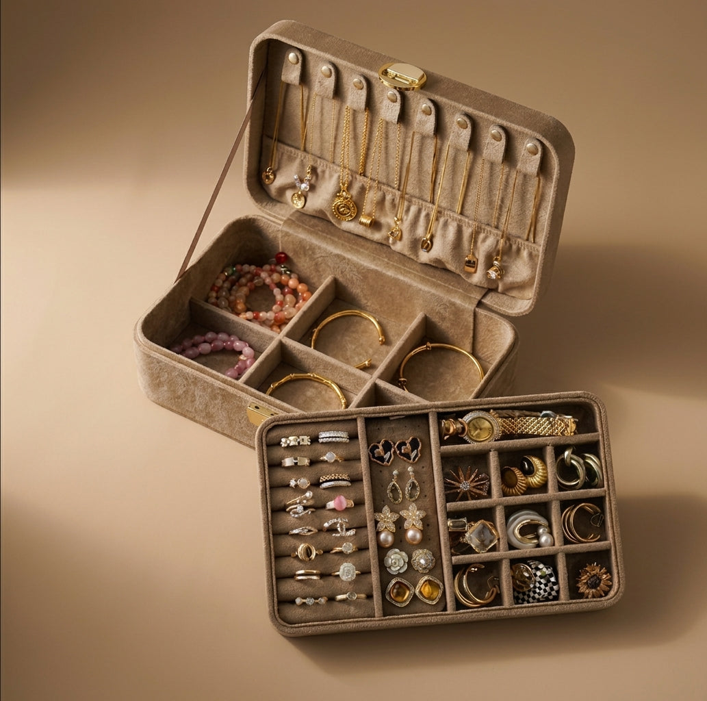 Velvet Travel Jewelry Case, Golden Brown, open with jewelry