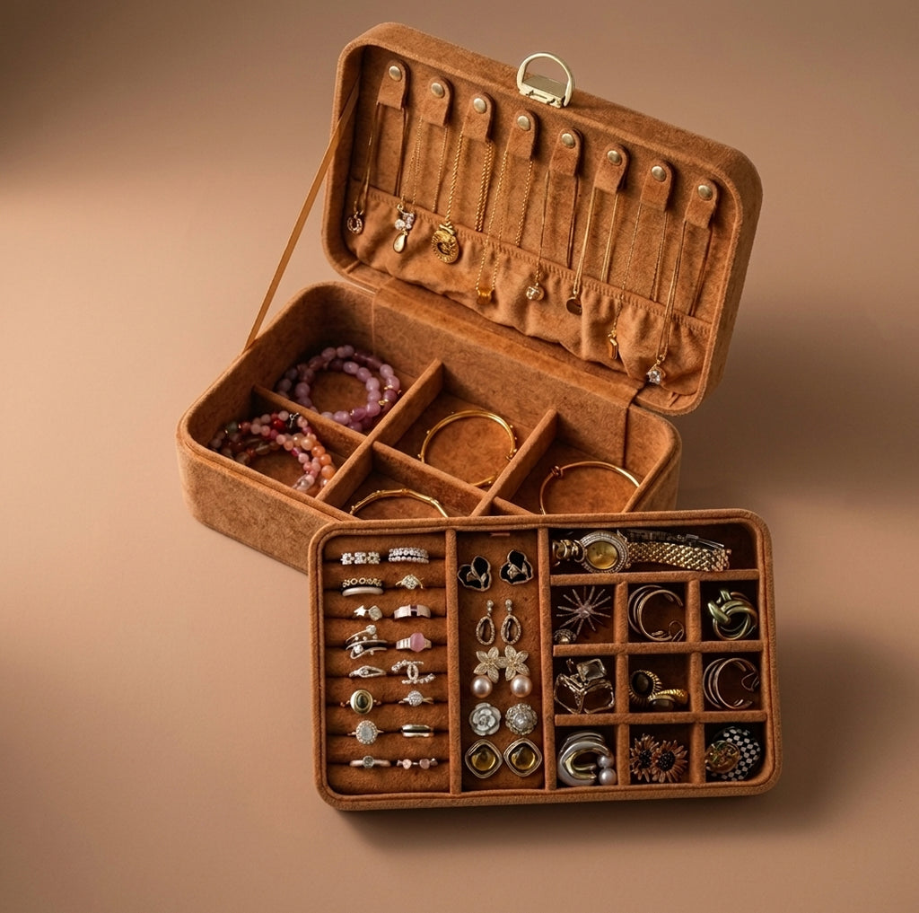Velvet Travel Jewelry Case, Terracotta Bloom, open with jewelry