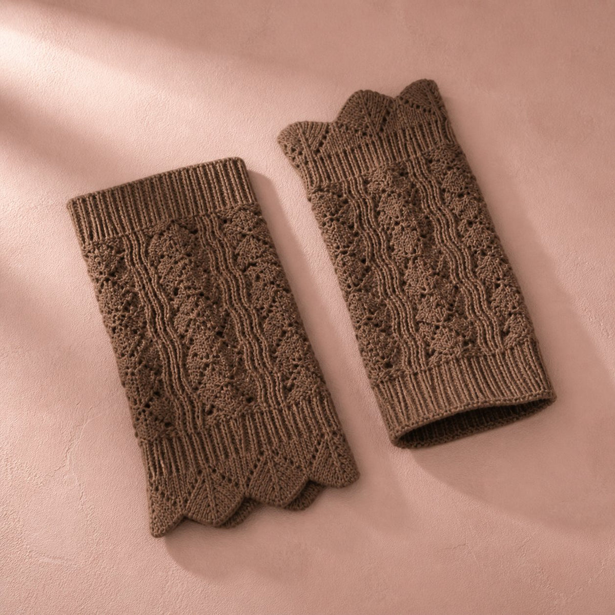 Cocoa brown pointelle knit boot cuffs, pair flat lay