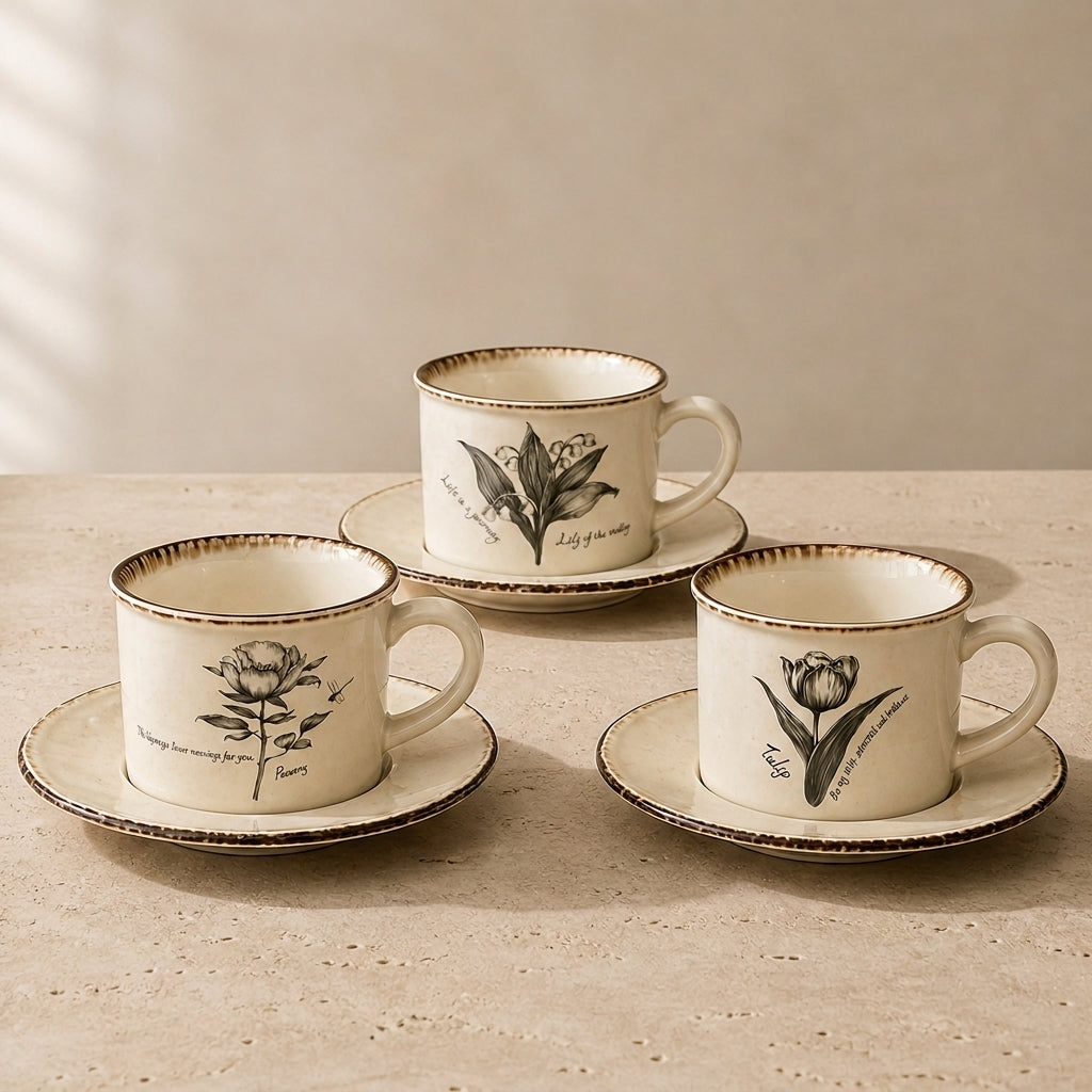 Botanical Sketch Cup & Saucer, all three patterns together
