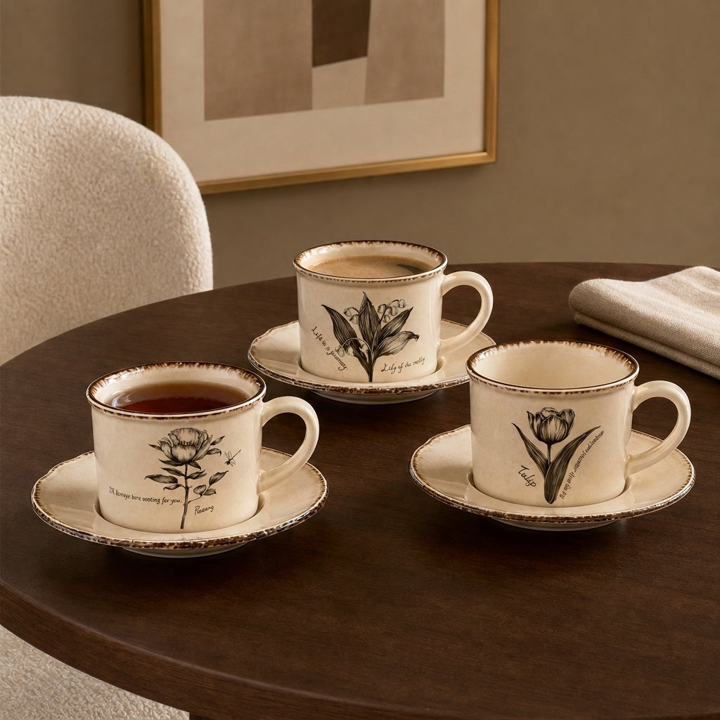 Botanical Sketch Cup & Saucer, styled on a dining table with coffee and tea