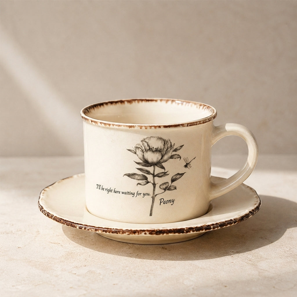 Botanical Sketch Cup & Saucer, Vintage Peony pattern