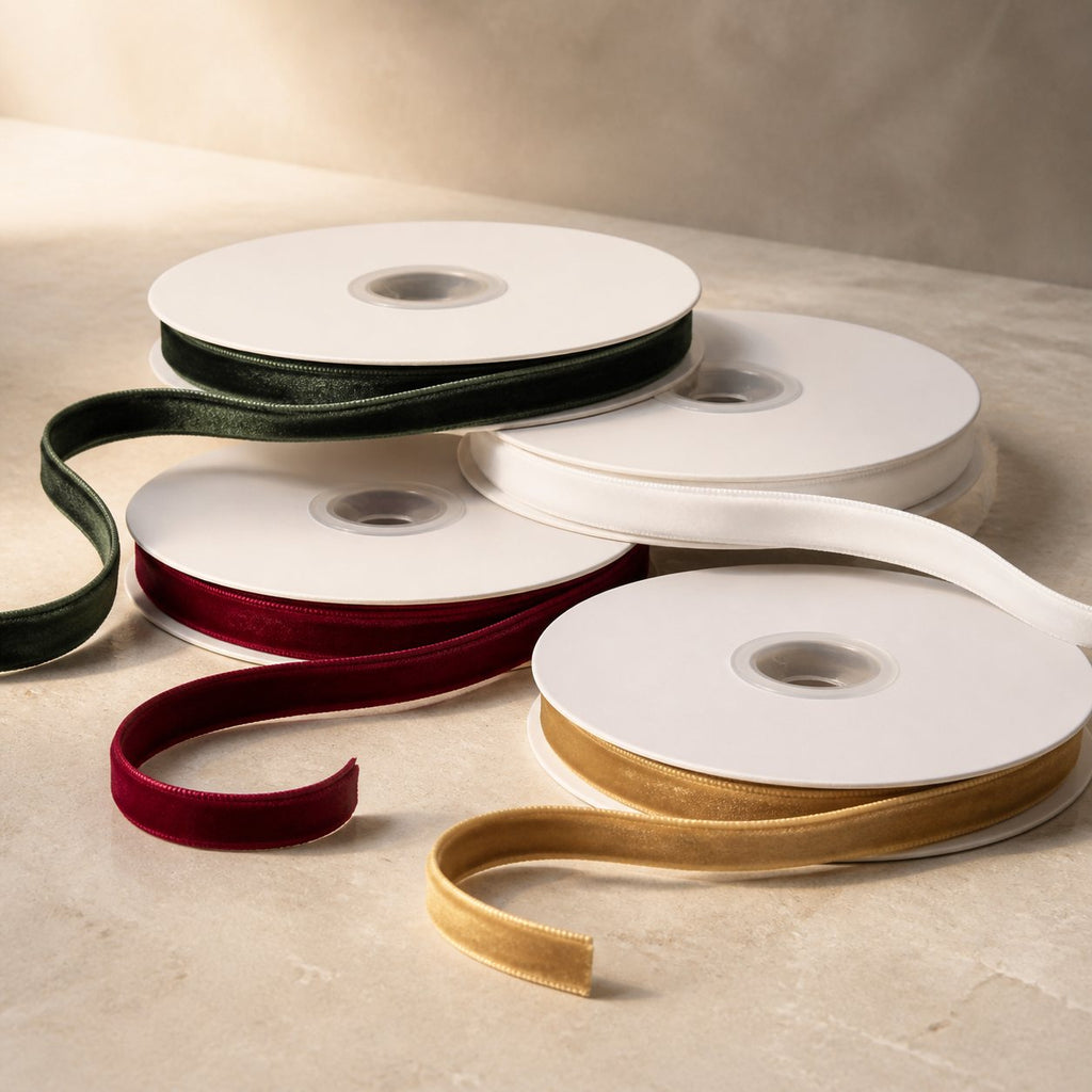 Four spools of double-sided velvet ribbon in Deep Jade Green, Ivory White, Wine Burgundy and Antique Gold on warm limestone.