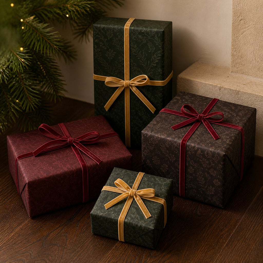 Velvet ribbon tied in refined bows around gifts wrapped in dark vintage botanical paper.