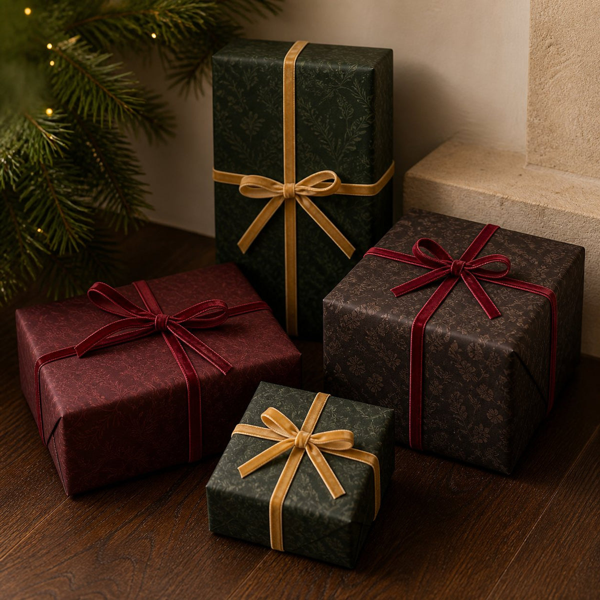 Velvet ribbon tied in refined bows around gifts wrapped in dark vintage botanical paper.