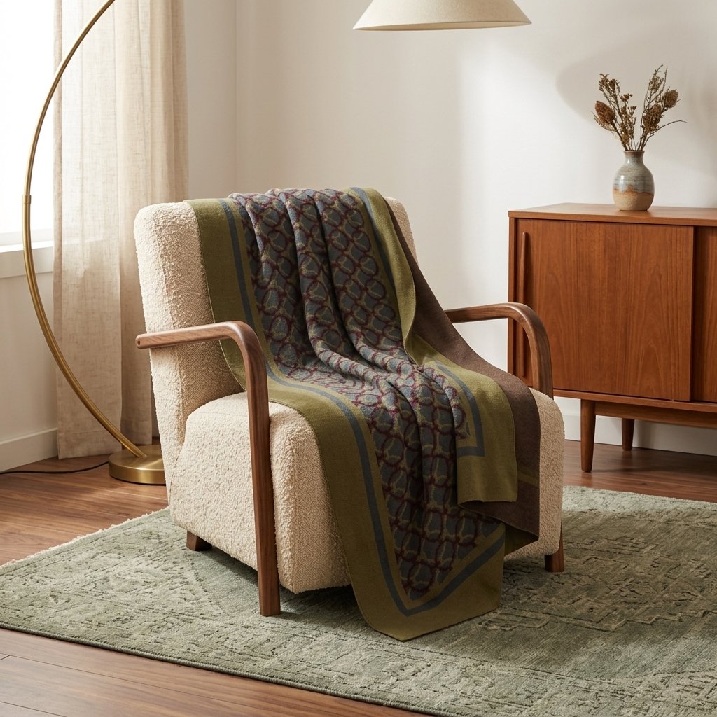 Dusty olive green geometric knit throw blanket draped over a cream bouclé armchair in a sunlit retro living room