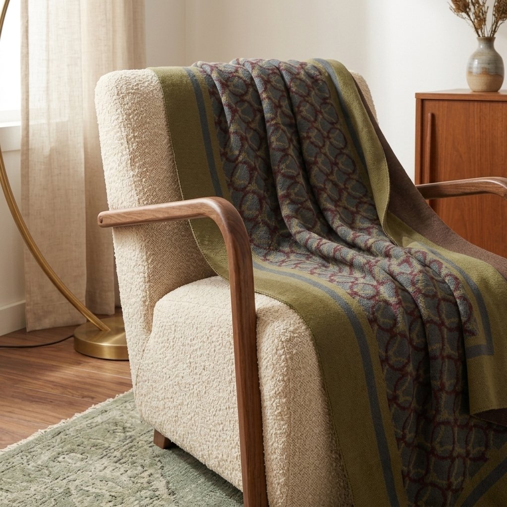 Close-up of the dusty olive knit throw blanket's interlocking chain pattern and natural fabric drape