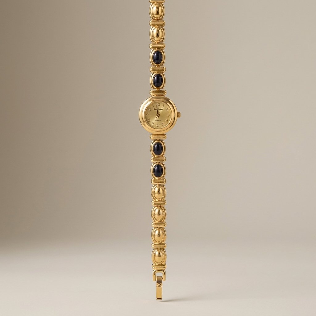 A vintage gold-tone watch with a delicate link bracelet featuring dark oval inlays, standing vertically against a neutral beige background.