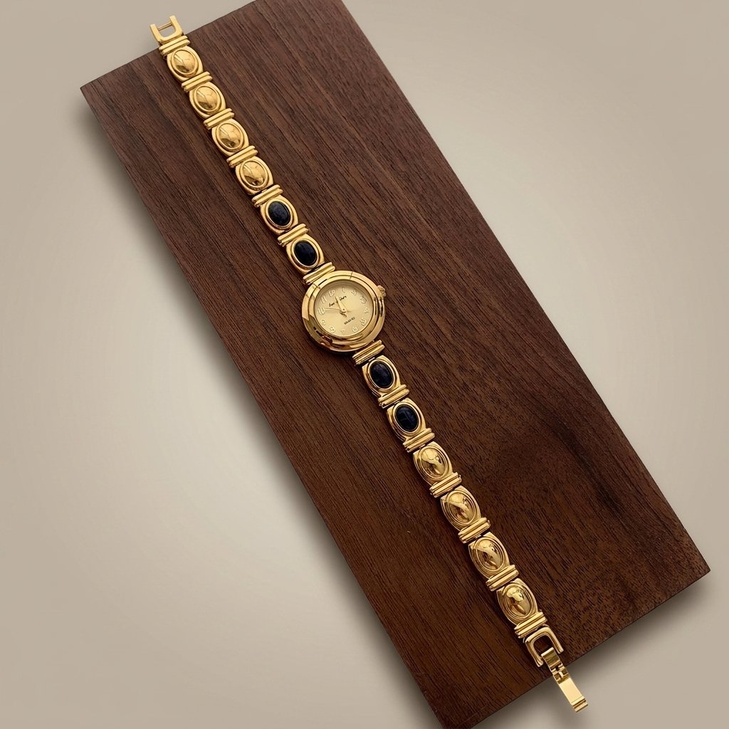 A gold-tone watch with oval dark blue inlays on its bracelet, displayed diagonally on a dark wood block against a light beige background.