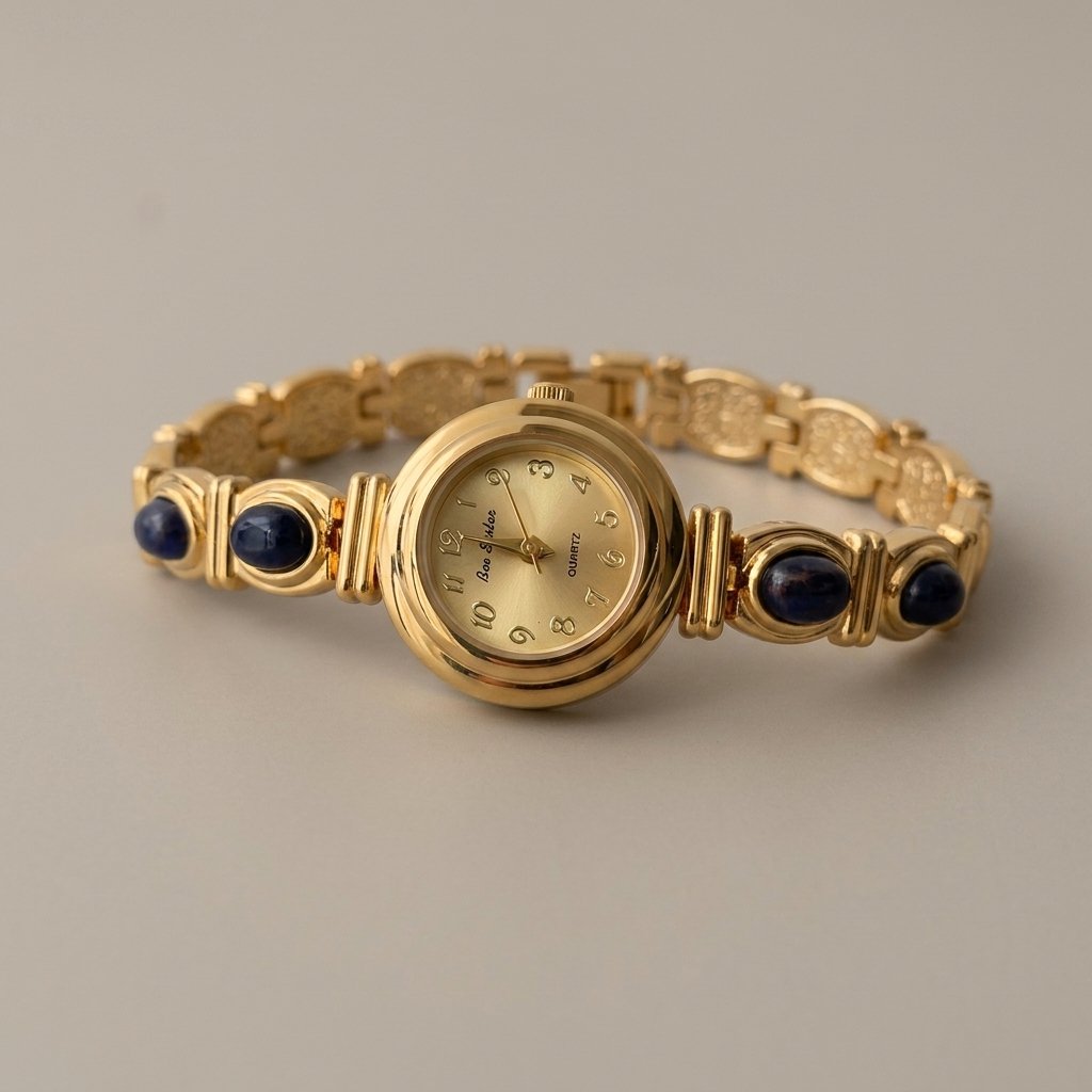 Close-up of a vintage gold-tone watch dial with black numerals, oval dark blue stone accents on the bracelet, and a matching brand name printed on the face.