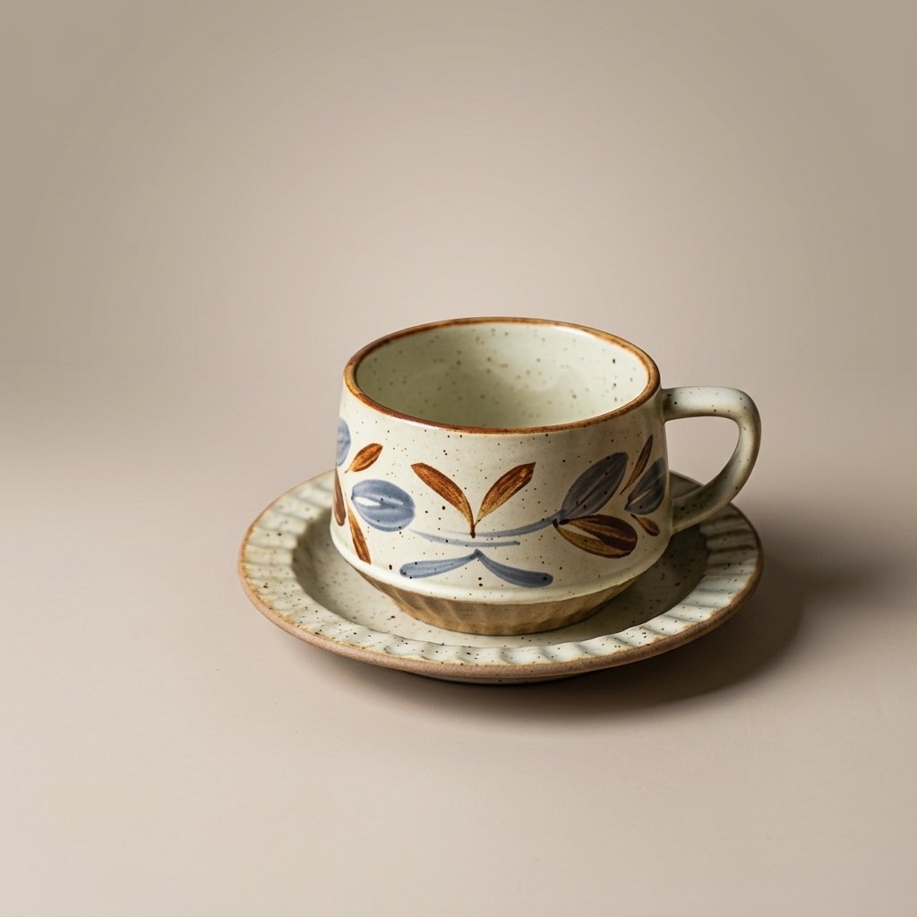Hand-painted ceramic cup and saucer in the Autumn Willow pattern with rust and blue leaf motifs