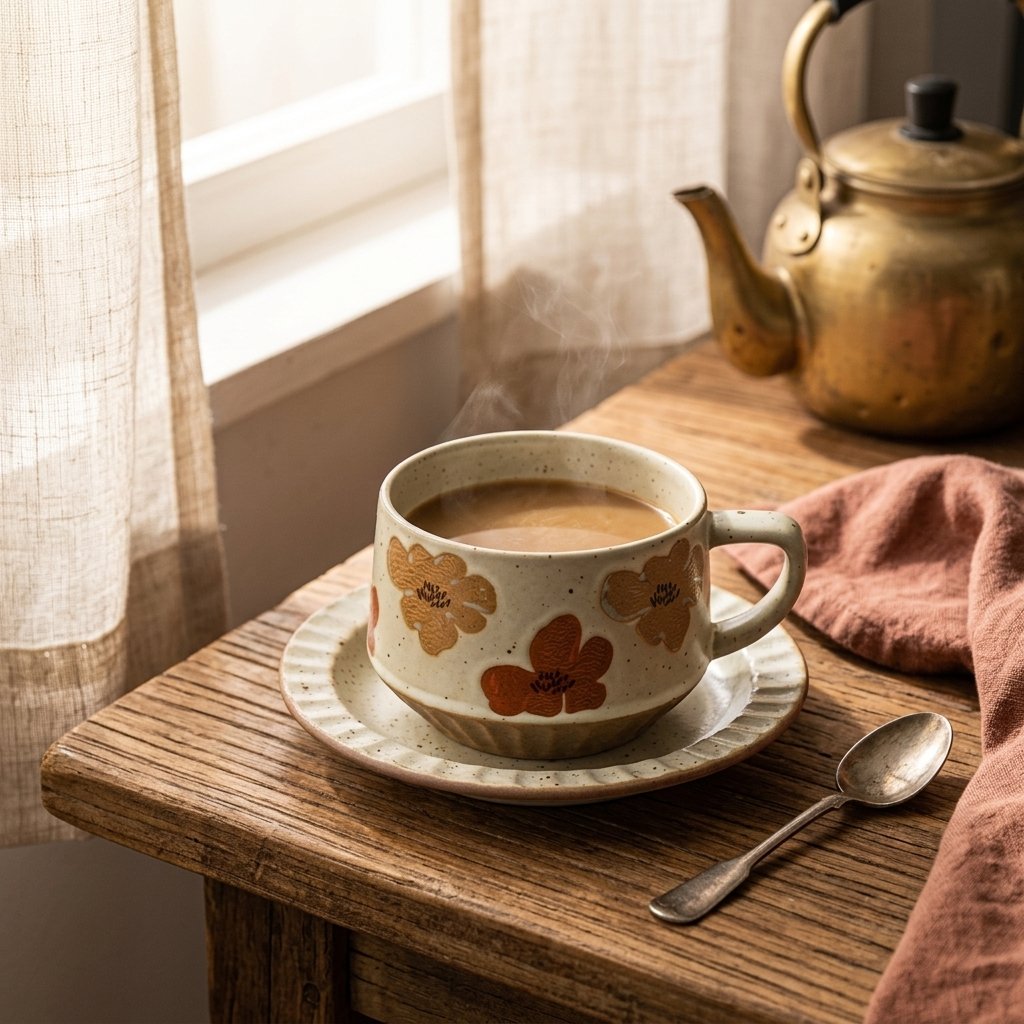 Hand-painted ceramic cup and saucer filled with tea on a sunlit wooden breakfast table beside a vintage teapot