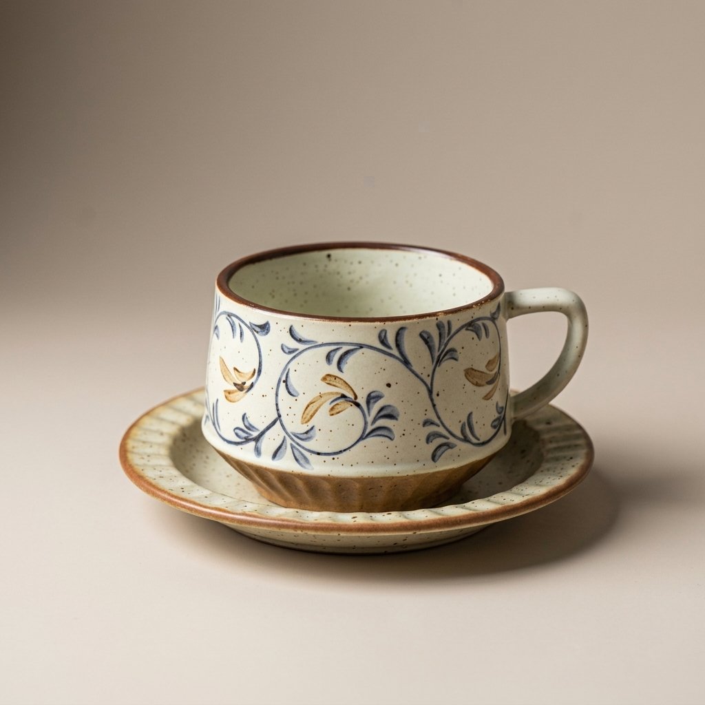 Hand-painted ceramic cup and saucer in the Ethereal Scroll pattern with blue and gold vine scrollwork