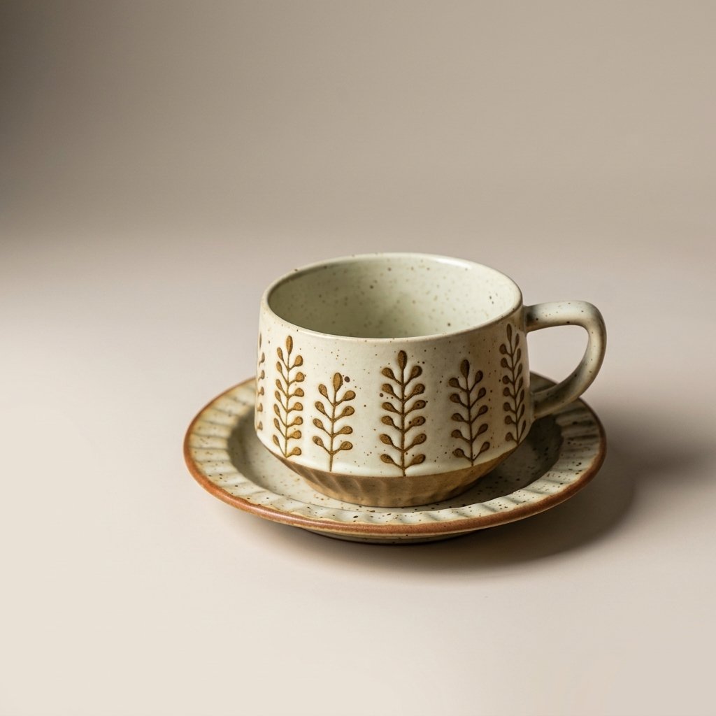 Hand-painted ceramic cup and saucer in the Harvest Grove pattern with golden leaf motifs