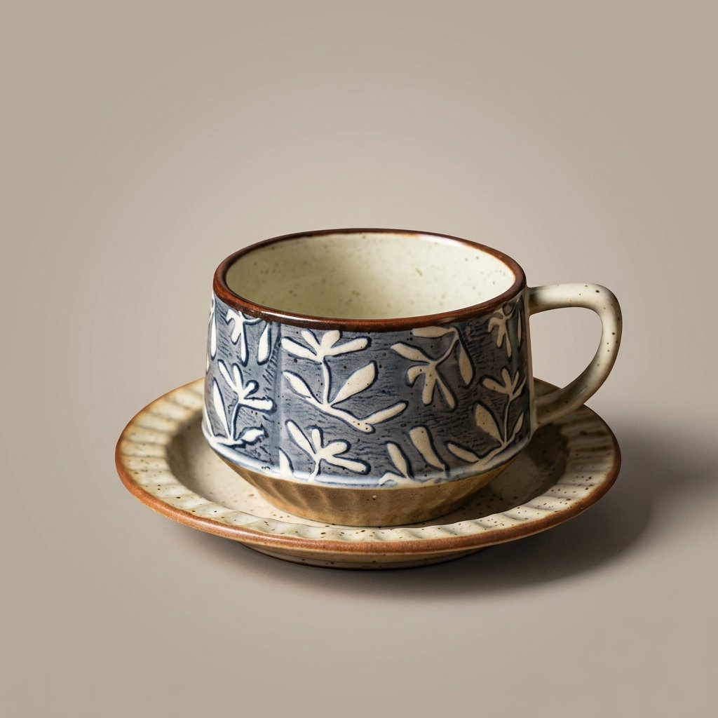 Hand-painted ceramic cup and saucer in the Indigo Petal pattern with blue and cream floral leaves