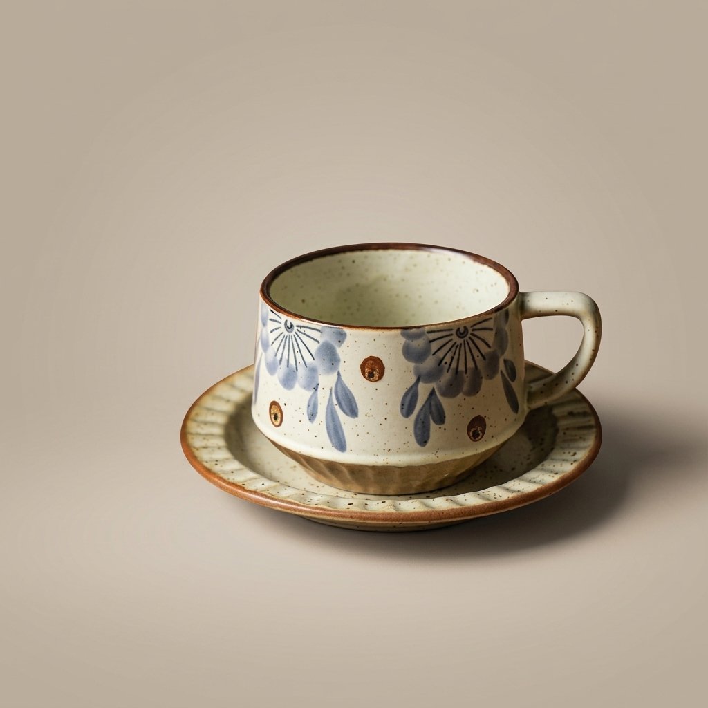 Hand-painted ceramic cup and saucer in the Misty Flora pattern with blue floral bursts and dots