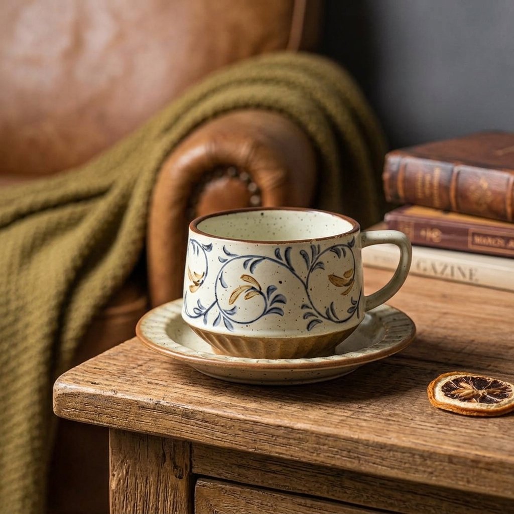 Hand-painted ceramic cup and saucer on a wooden side table beside a leather armchair and stacked books