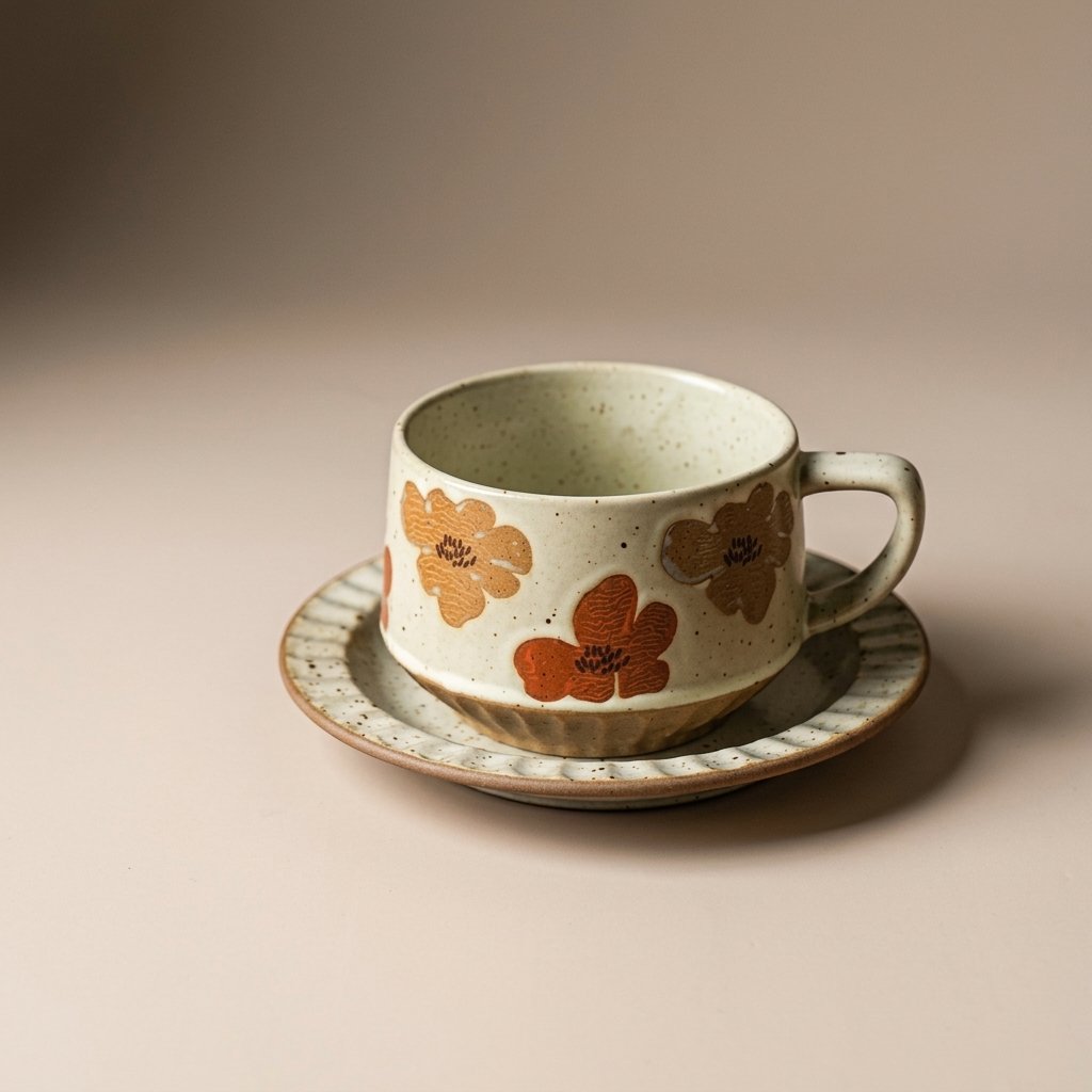 Hand-painted ceramic cup and saucer in the Saffron Primrose pattern with orange and gold flowers