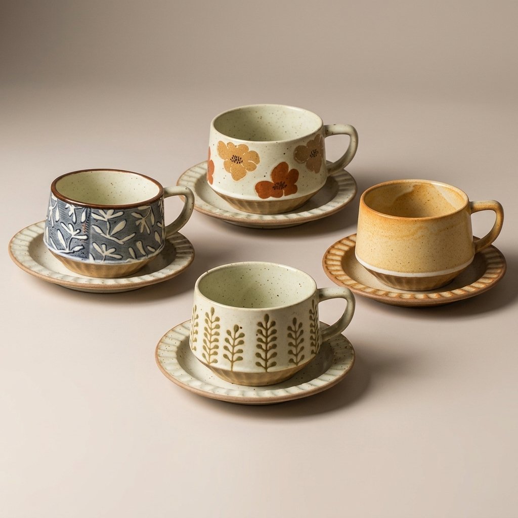 Four hand-painted ceramic cup and saucer sets in different botanical patterns arranged on a neutral studio background