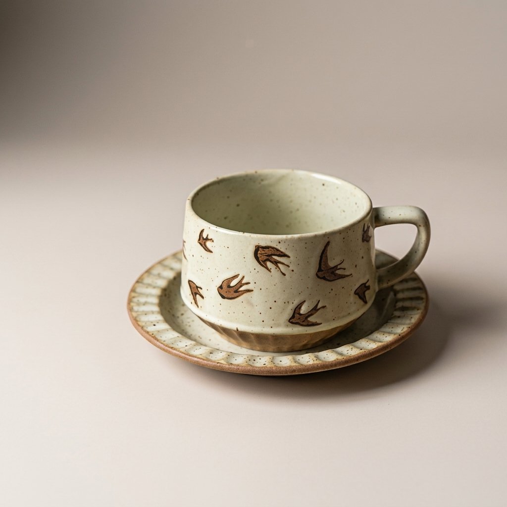Hand-painted ceramic cup and saucer in the Vintage Swallow pattern with flying bird illustrations