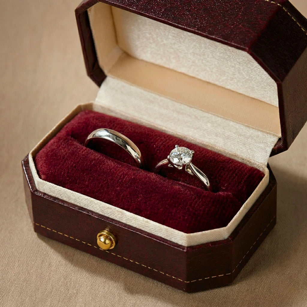 Open ring box with two rings resting in the burgundy velvet interior