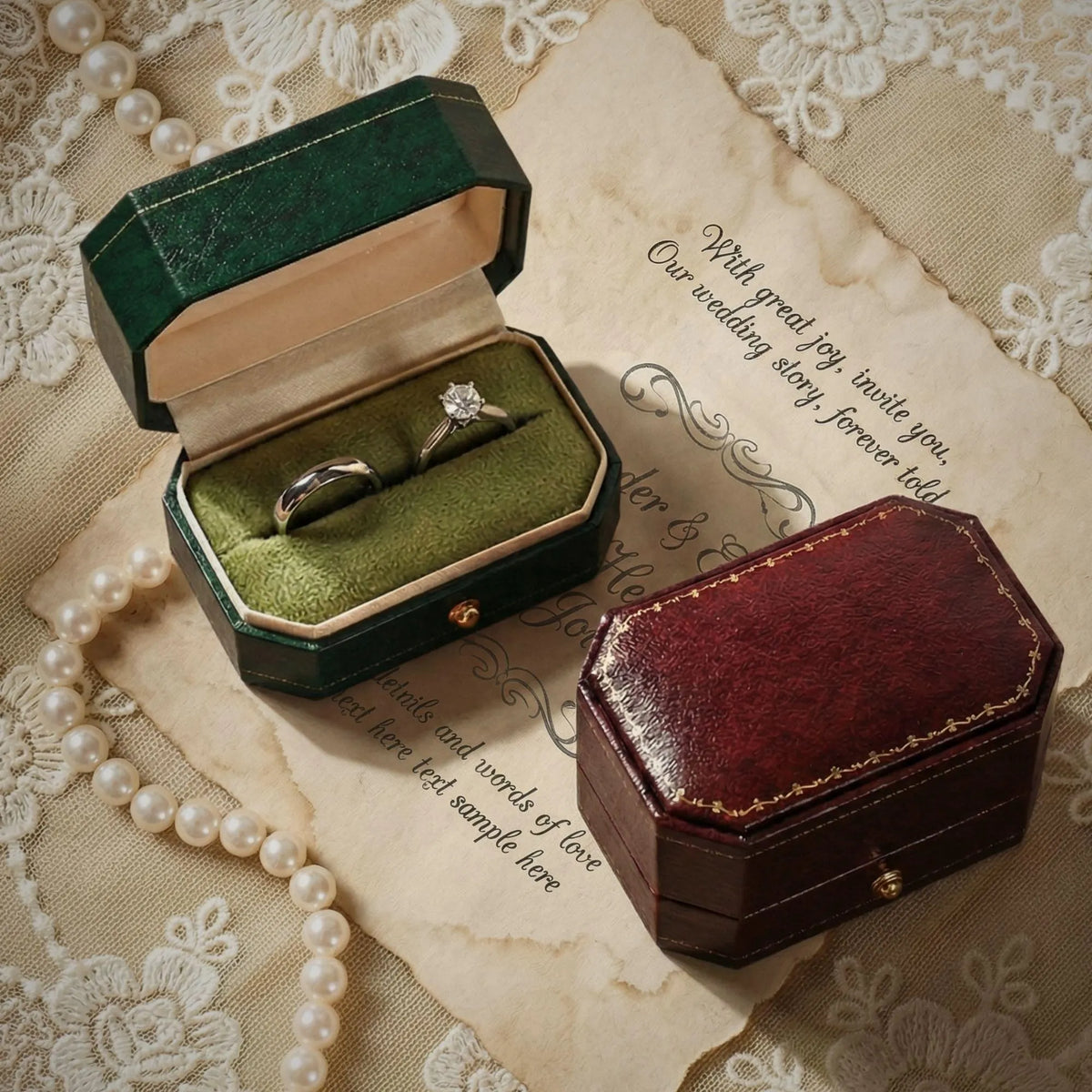 Vintage green and wine-red double ring boxes with brass-tone twist clasps.