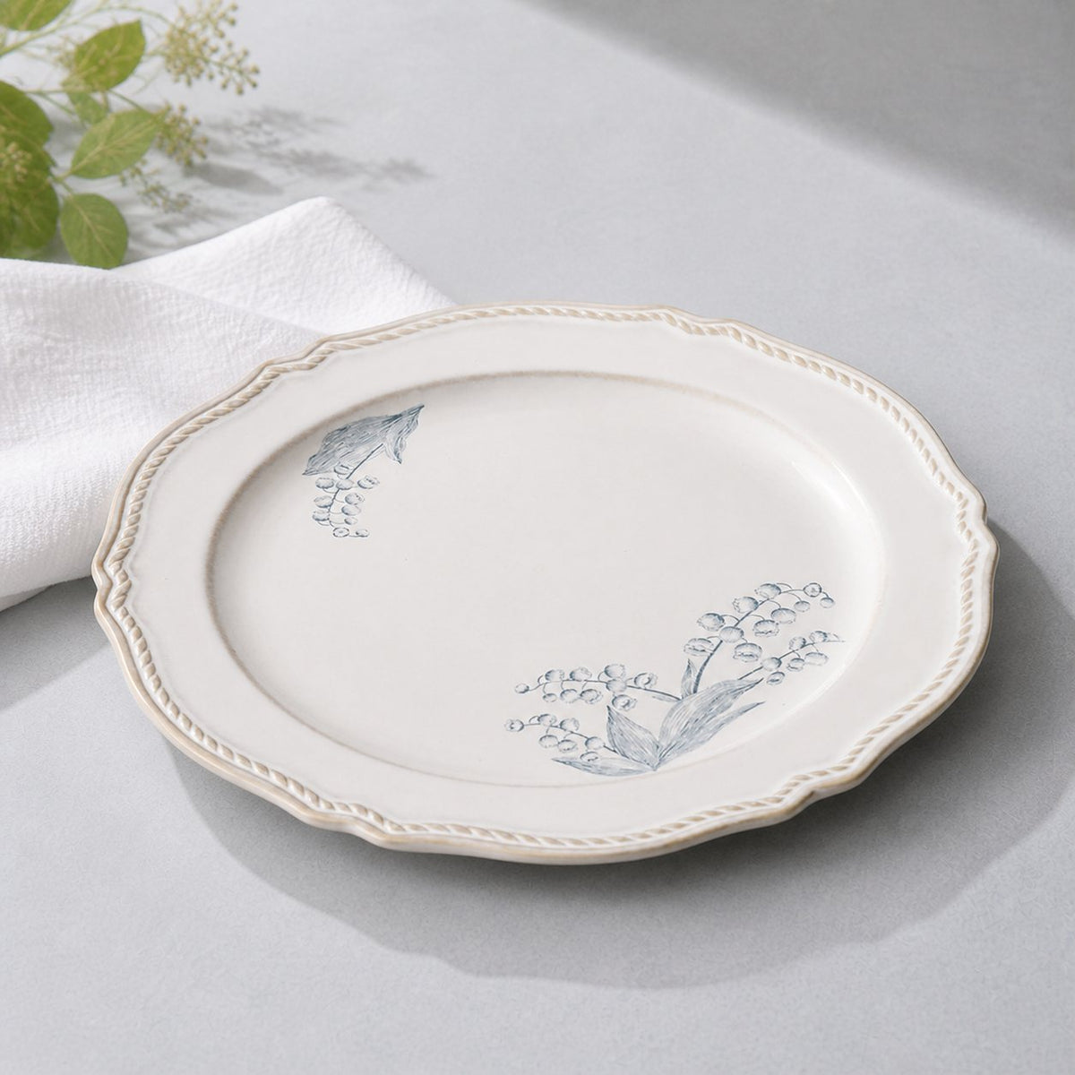 Lily of the Valley ceramic dinner plate, 10 inches, hand-painted floral pattern
