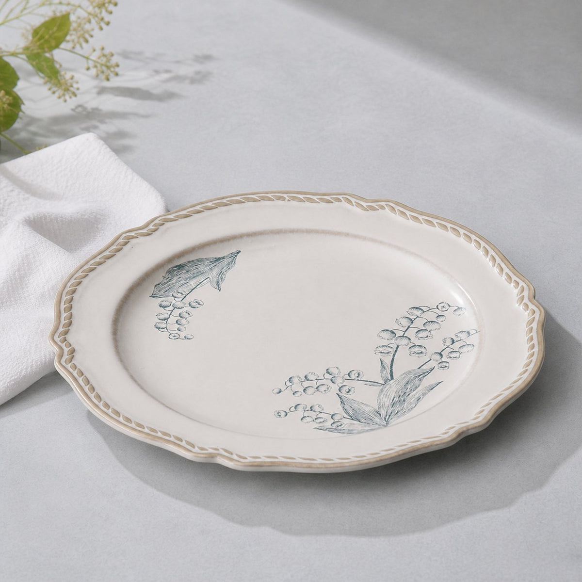 Lily of the Valley ceramic salad plate, 8 inches, hand-painted floral pattern