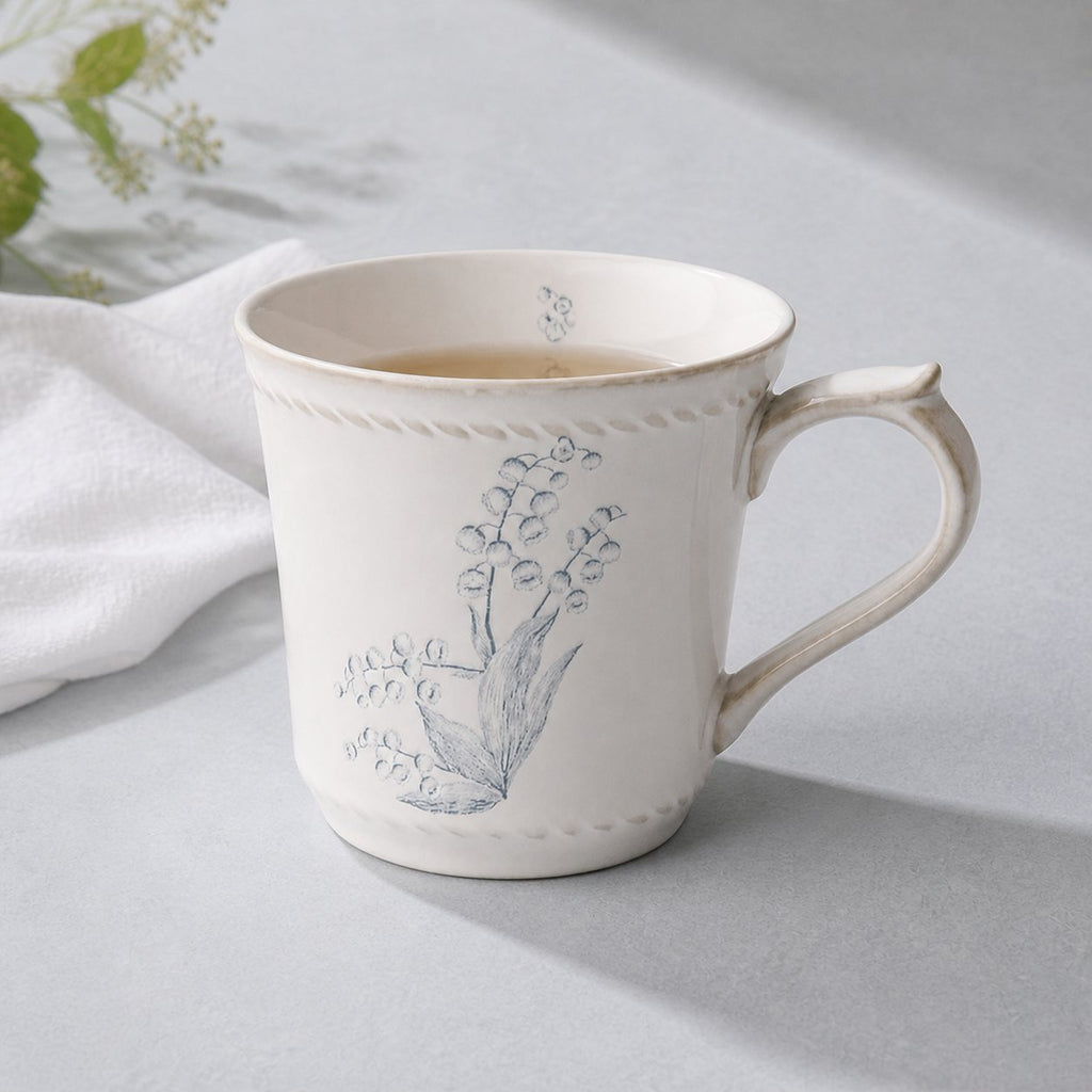 Lily of the Valley ceramic mug, 13.5 oz, hand-painted floral pattern with scalloped rim