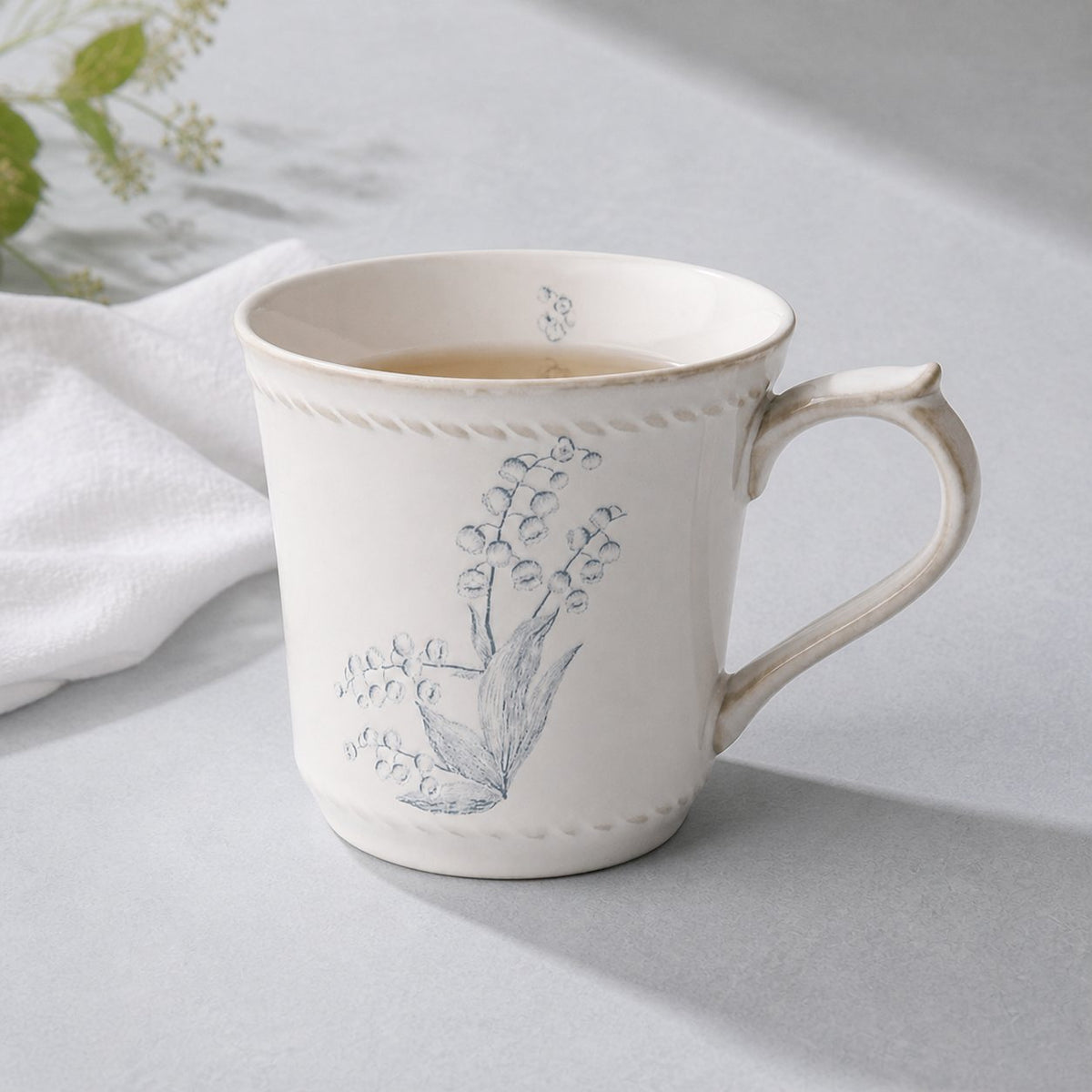 Lily of the Valley ceramic mug, 13.5 oz, hand-painted floral pattern with scalloped rim