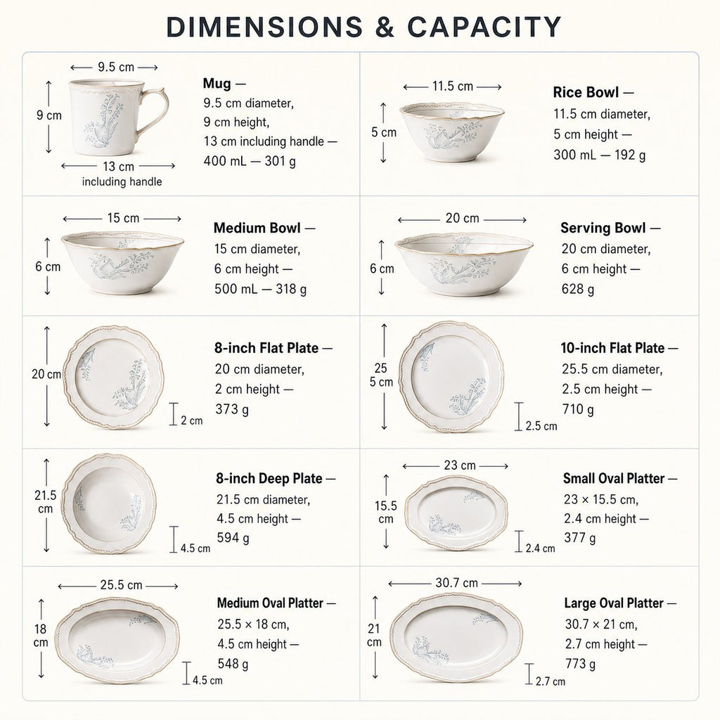 Lily of the Valley dinnerware dimensions and capacity guide, ceramic pieces measured