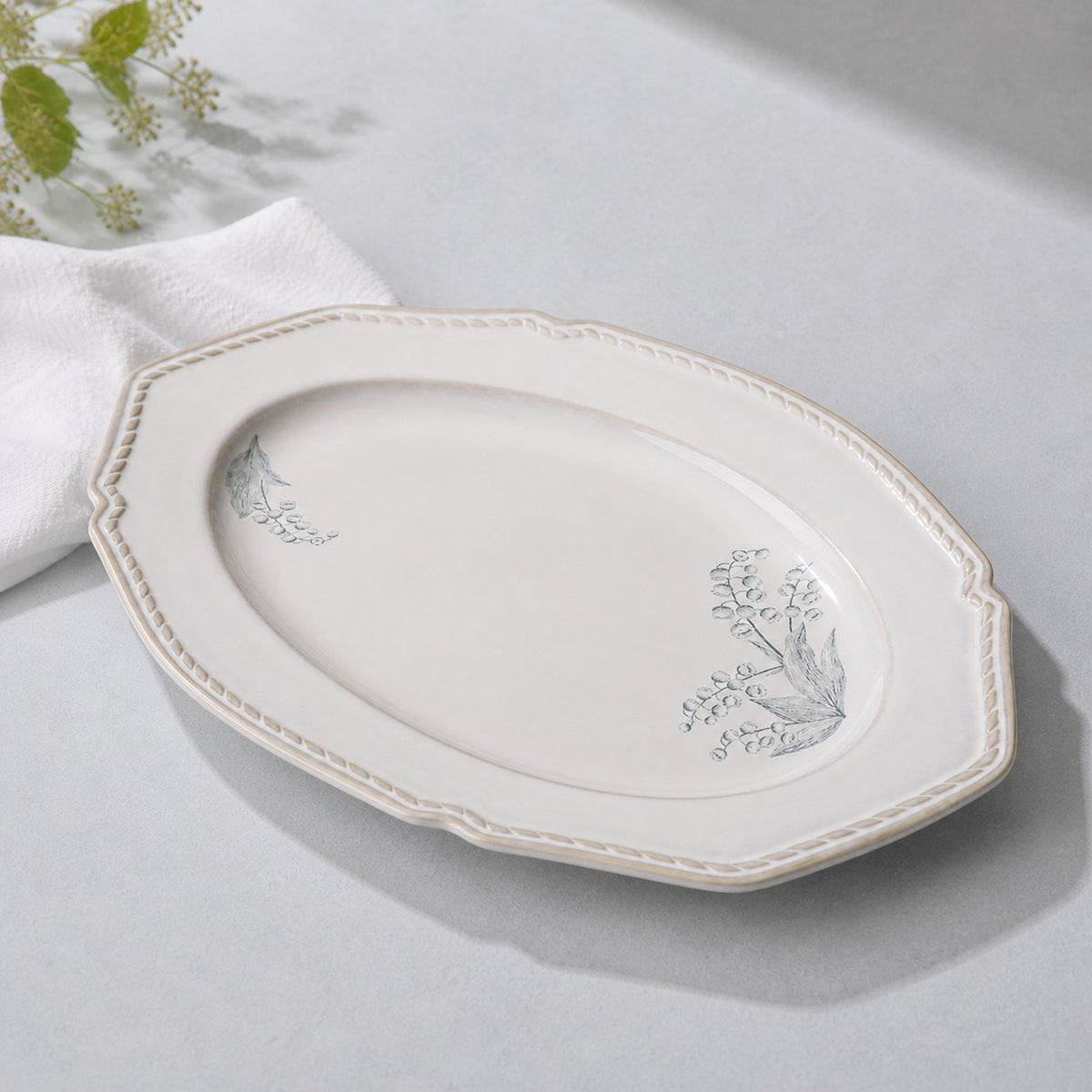 Lily of the Valley ceramic oval platter, large, 12 inches, hand-painted floral pattern