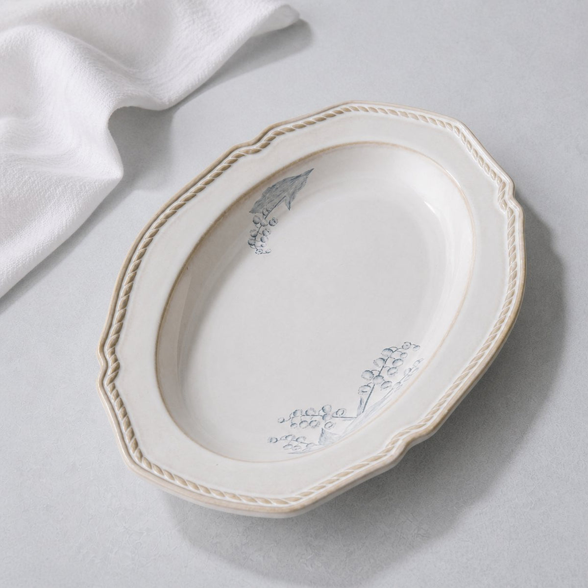 Lily of the Valley ceramic oval platter, medium, 10 inches, hand-painted floral pattern